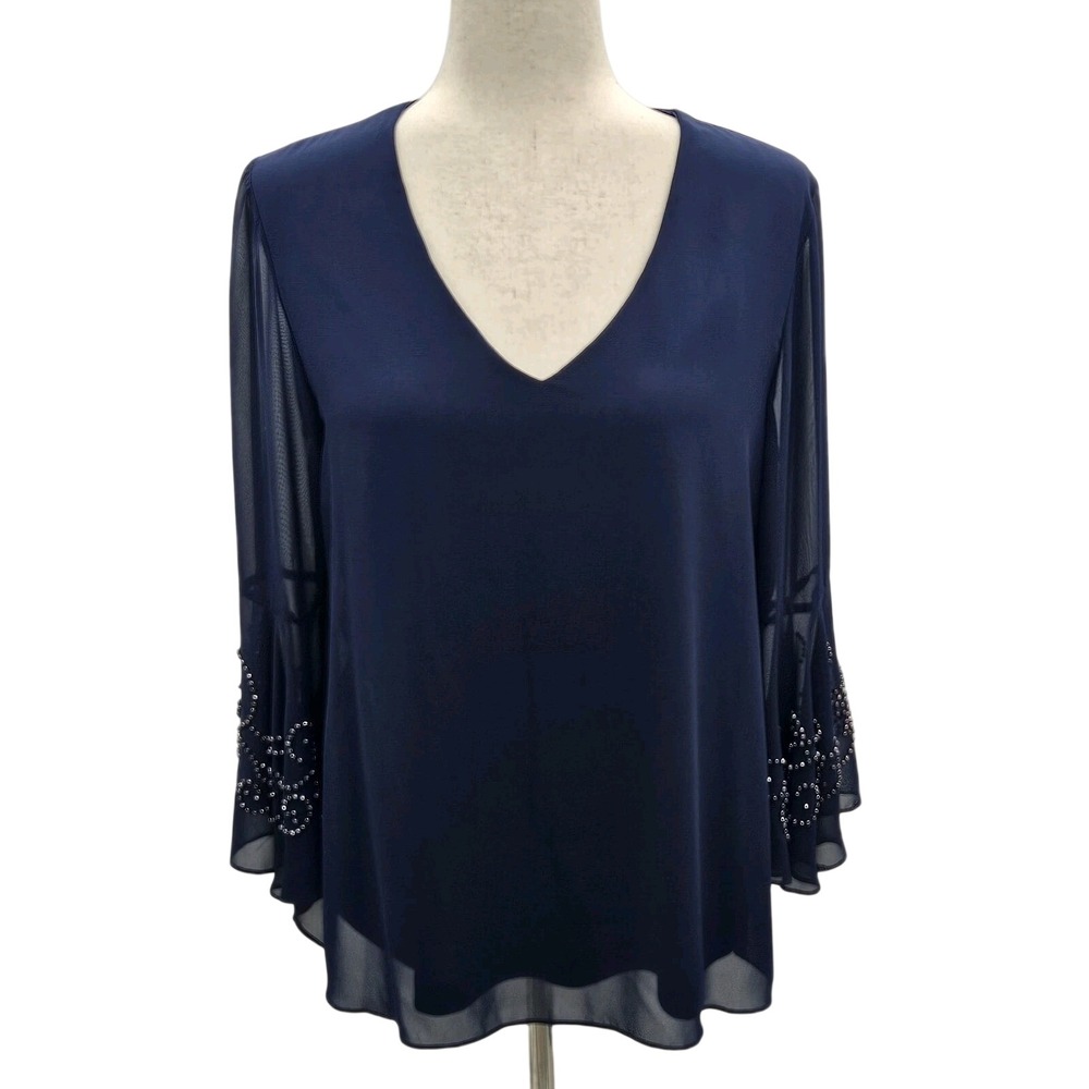 Marina Navy Blue Beaded Bell Sleeve Sheer Chiffon Blouse Top‎ M